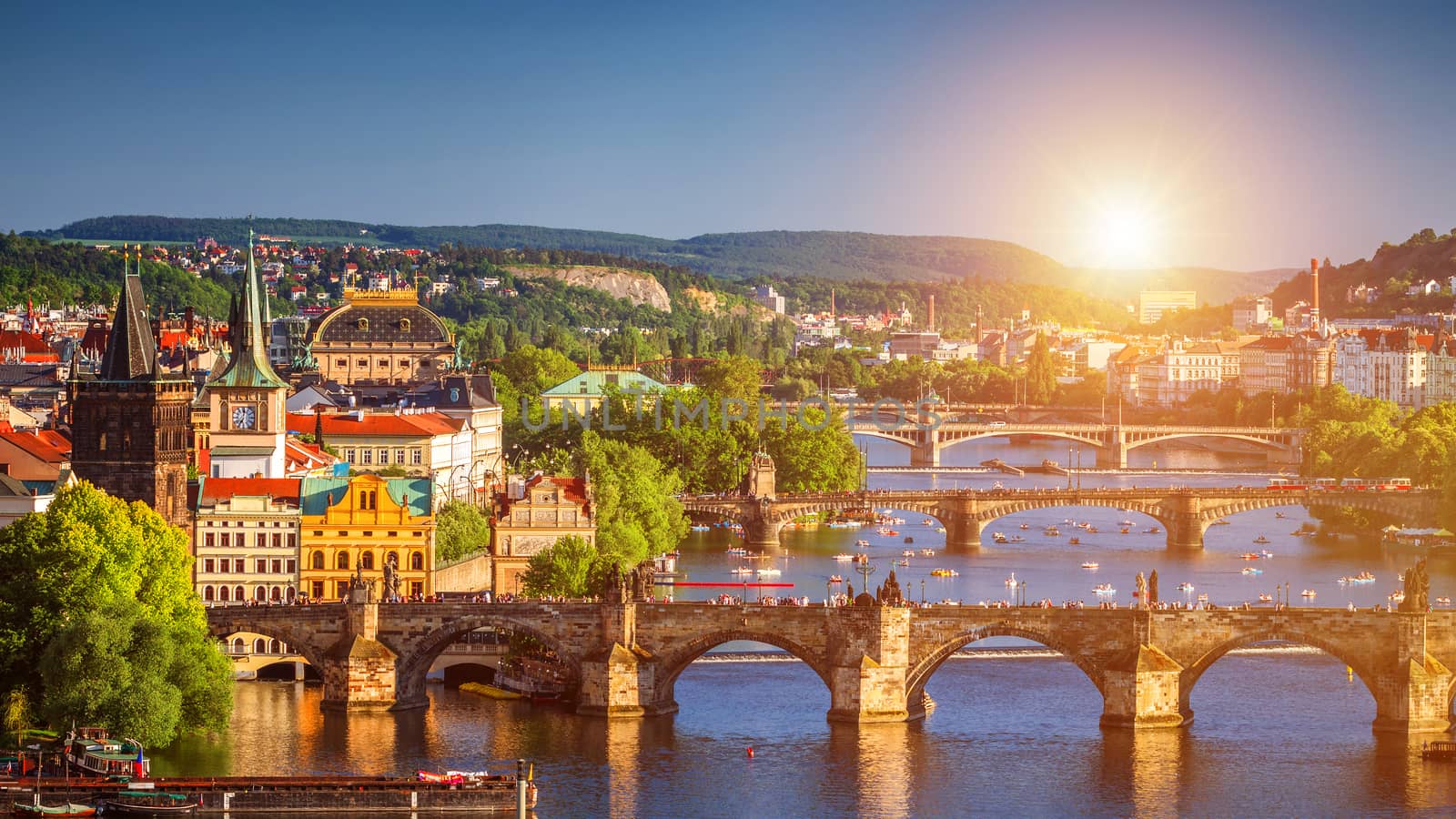 Prague Scenic spring sunset aerial view of the Old Town pier architecture and Charles Bridge over Vltava river in Prague, Czech Republic