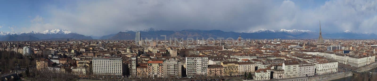 TURIN, ITALY - CIRCA FEBRUARY 2020: Wide panoramic aerial view of the city of Turin seen from the hill