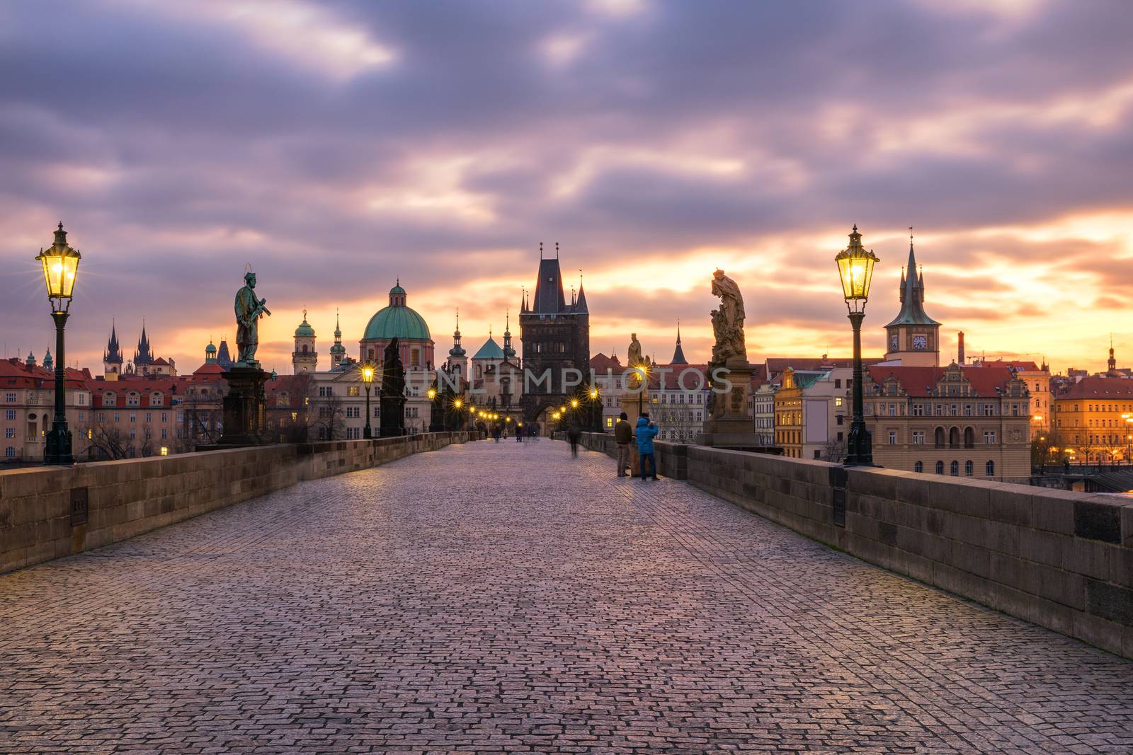 Morning view of Charles Bridge in Prague, Czech Republic. The Charles Bridge is one of the most visited sights in Prague. Architecture and landmark of Prague