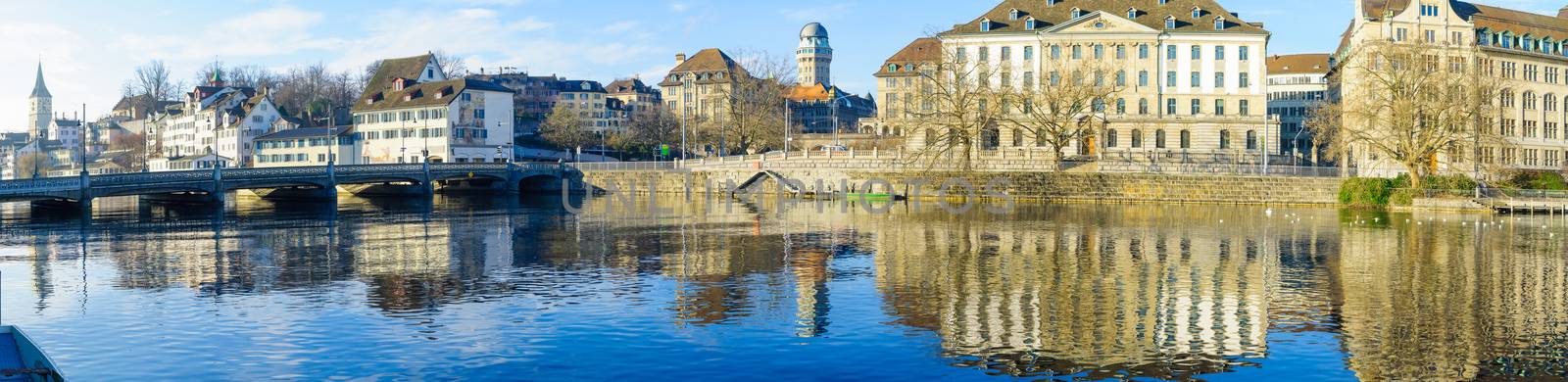 Panoramic view of the west bank of the Limmat River,  In Zurich, Switzerland