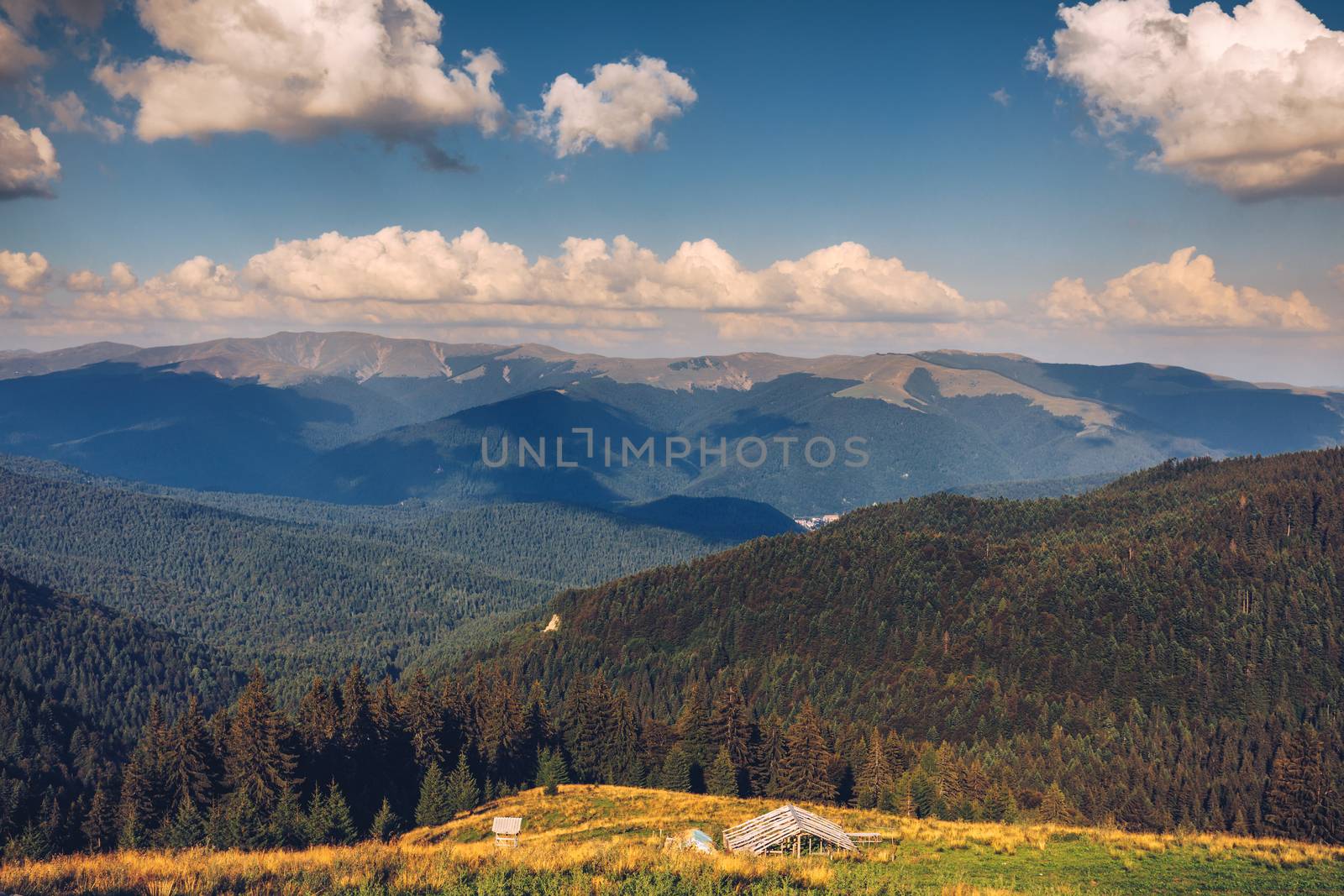 Summer alpine Transylvania landmark, landscape with green fields and valleys, high Piatra Craiului mountains, Carpathians, Transylvania, Romania, Europe