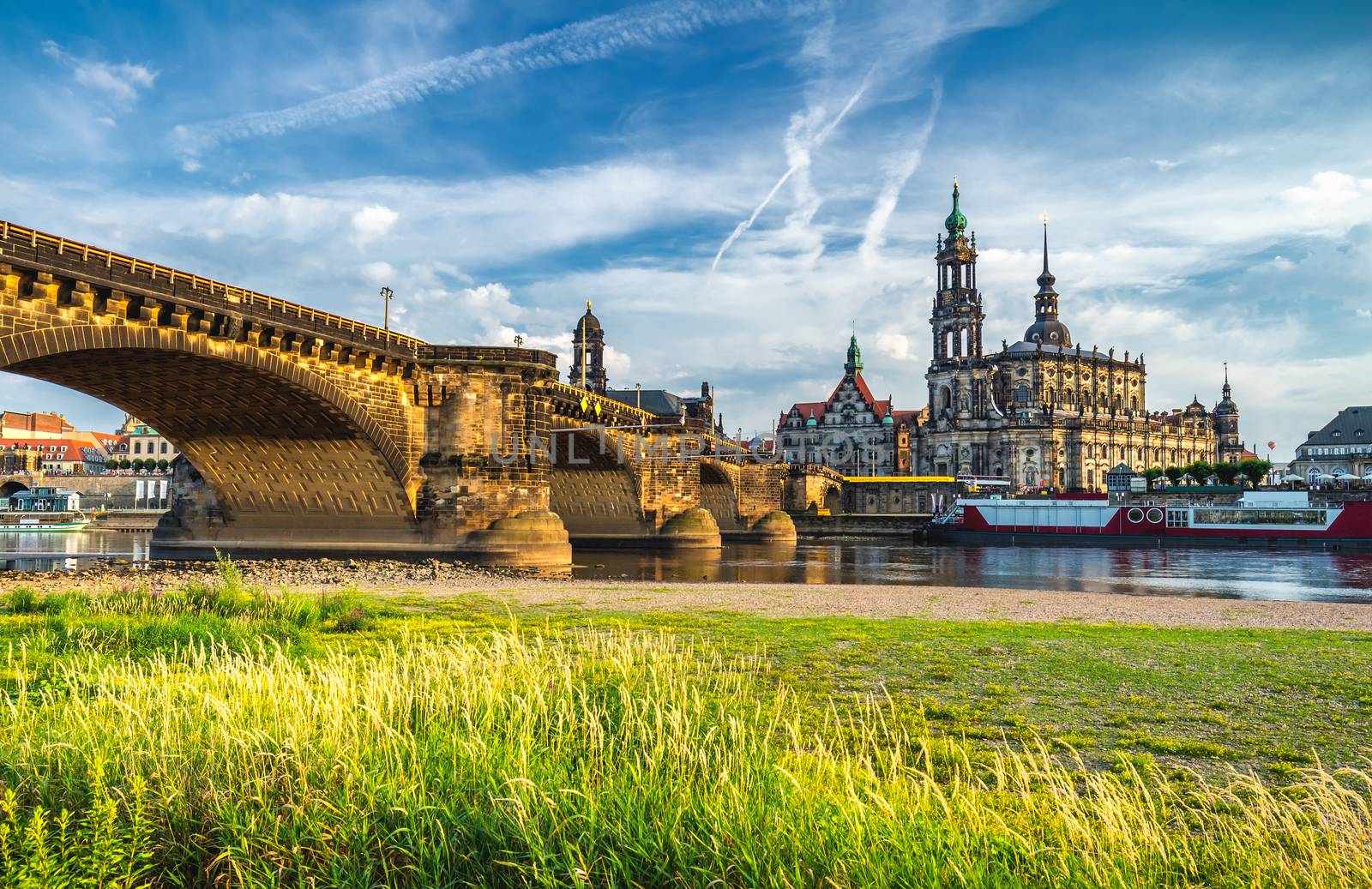 Scenic summer view of the Old Town architecture with Elbe river embankment in Dresden, Saxony, Germany