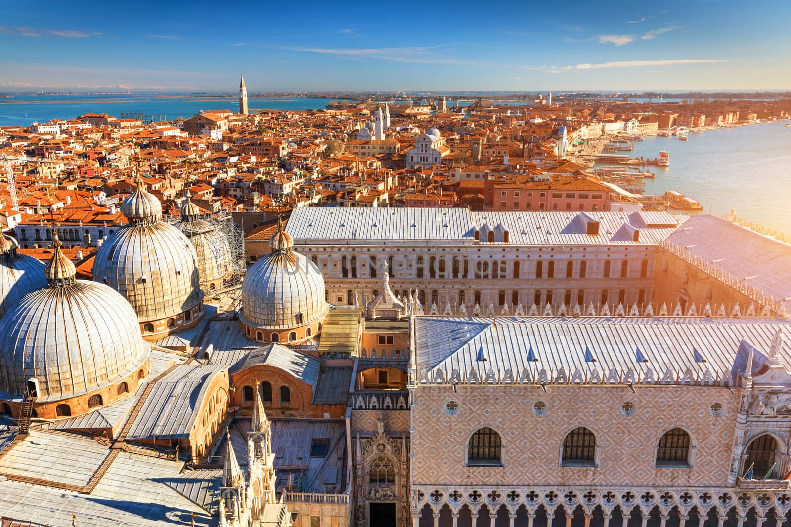 View of the dome of San Giorgio Maggiore church and Giudecca Canal in Venice, Italy. Amazing aerial view on the beautiful Venice, Italy. Venice from above, Venice landmark with old buildings.