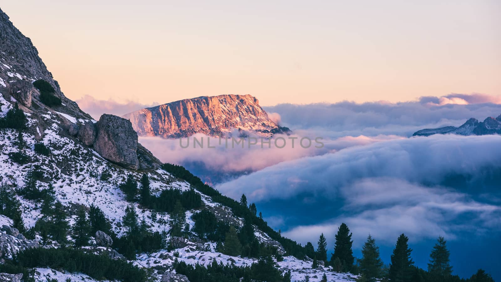 Great view of the National Park Dolomites (Dolomiti), famous location, Tyrol, Alp, Italy, Europe. Dramatic and picturesque scene. Beauty world.