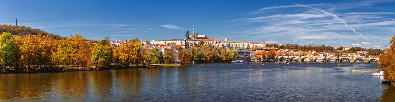 Prague Castle and Old City day view with blue sky, travel vivid autumn european background. Czech Republic