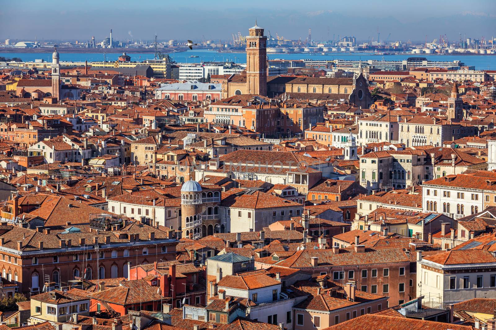 Venice panoramic aerial view with red roofs, Veneto, Italy. Aerial view with dense medieval red roofs of Venice, Italy 