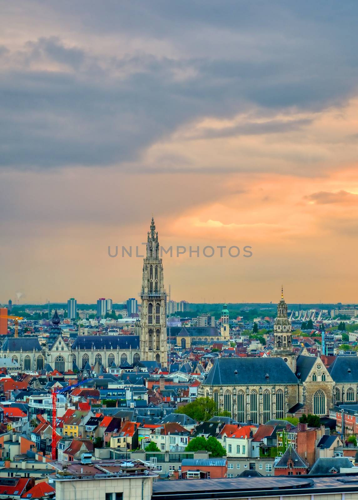 An aerial view of Antwerp, Belgium at sunset.