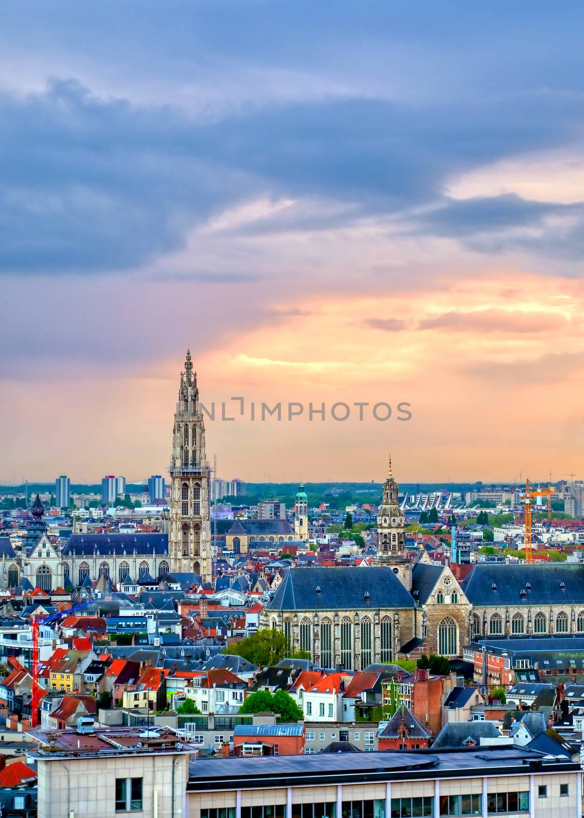 An aerial view of Antwerp, Belgium at sunset.