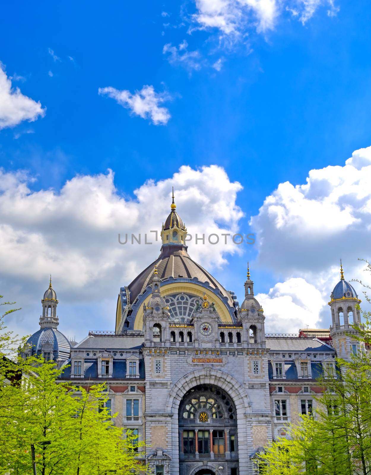 The exterior of the Antwerp (Antwerpen), Belgium railway station.