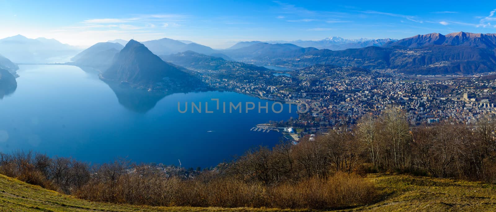 Panoramic view of Lugano and it lake from Monte Bre. Ticino, Switzerland