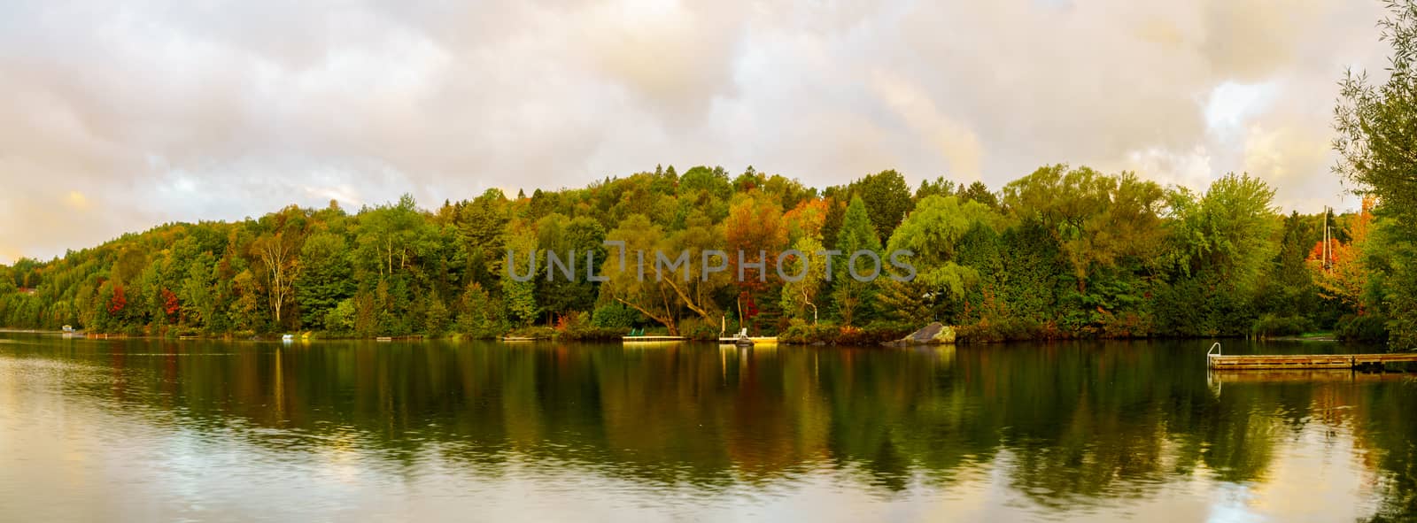 Panoramic view at sunrise of the Lac Rond lake, in Sainte-Adele, Laurentian Mountains, Quebec, Canada