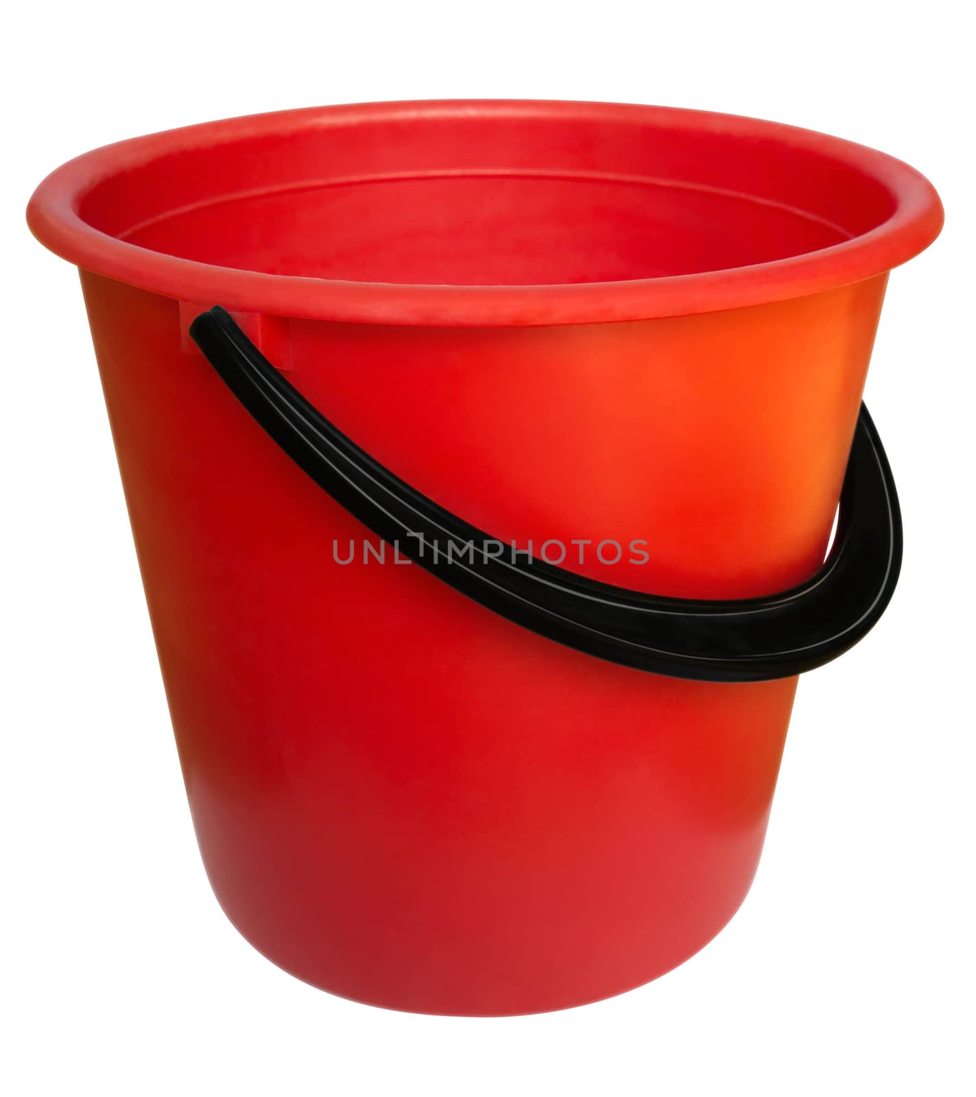 Red plastic bucket isolated on white background. Clipping path includes.