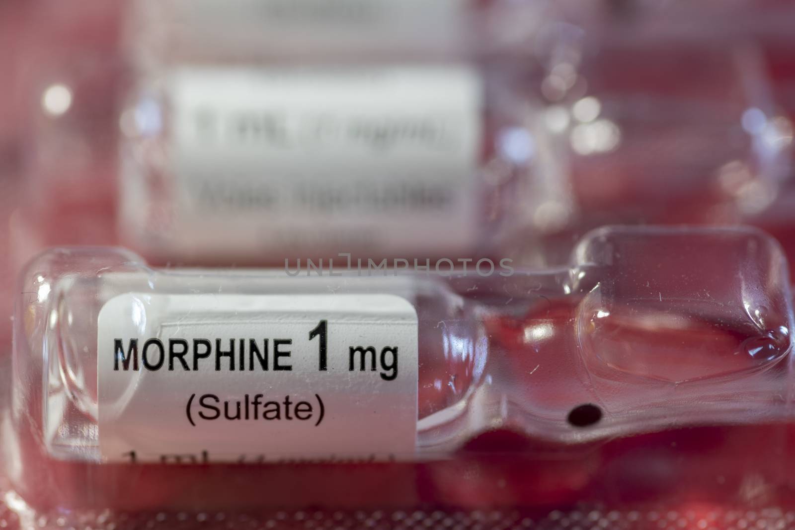 Close-up of MORPHINE SULFATE 1 MG/ML VIAL
