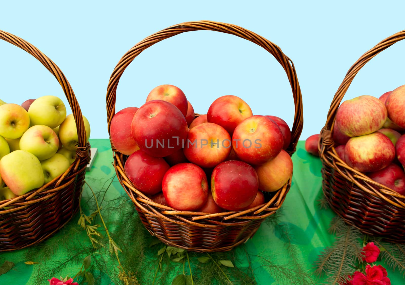 Fresh apples in wicker baskets. Clipping path included.