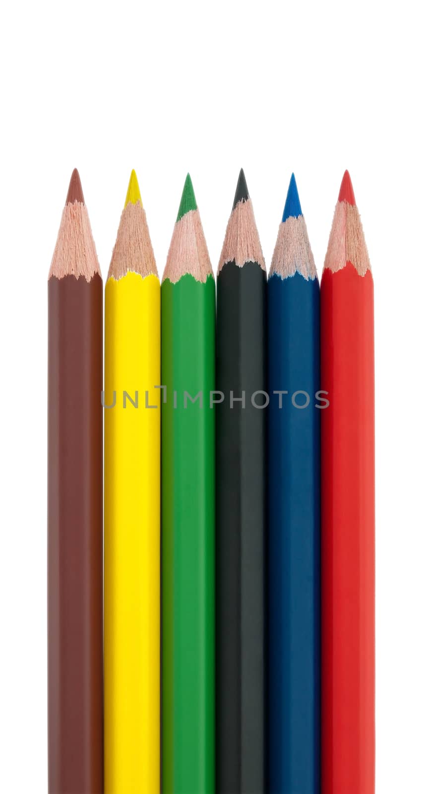Six wooden color pencils isolated on white background. Clipping path included.