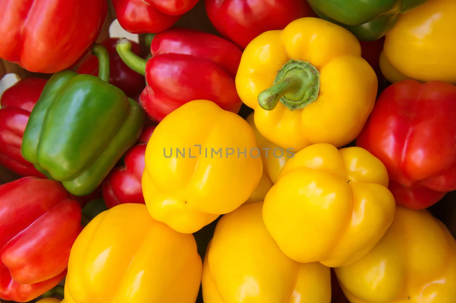 Red, green and yellow sweet bell peppers natural background.