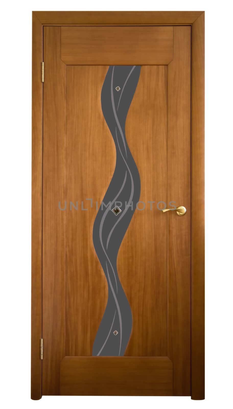 Wood door with glass elements isolated on white background. Clipping path includes.