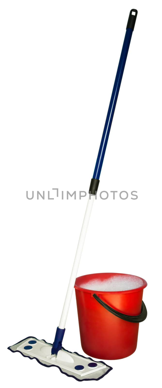 Red plastic bucket  with suds and mop isolated on white background. Clipping path includes.