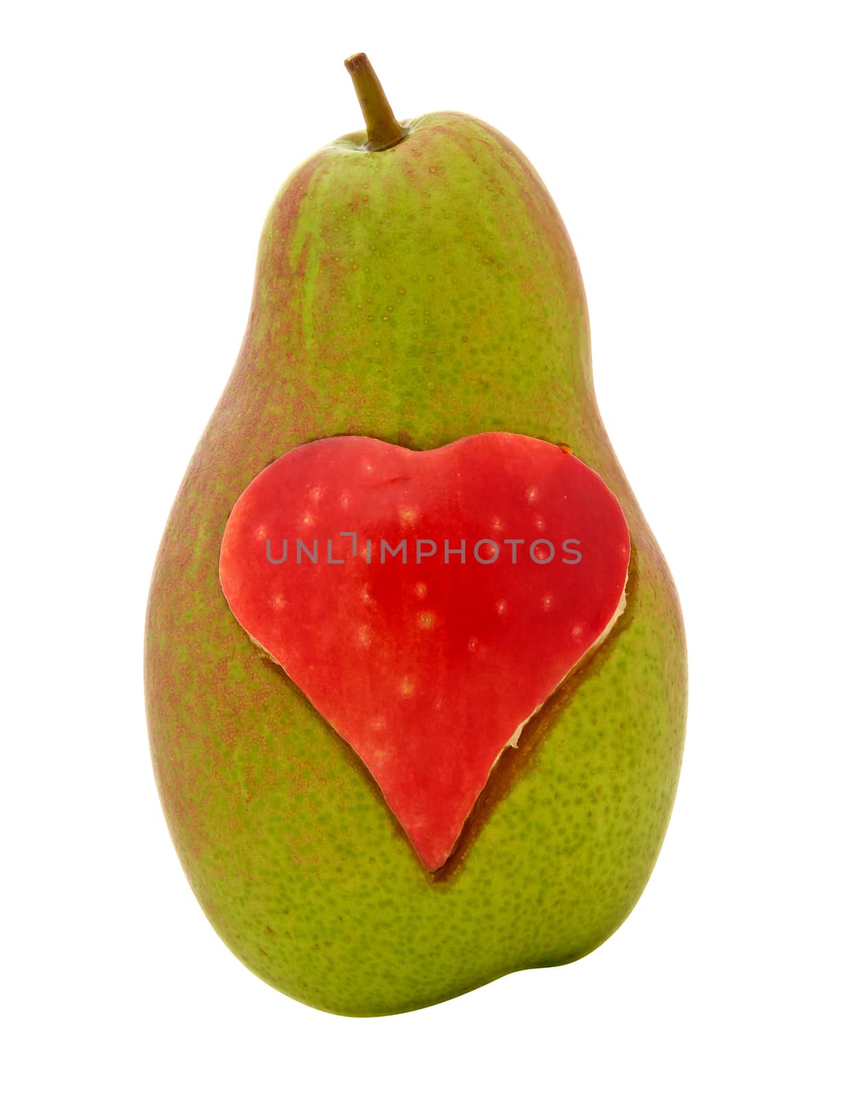 Green juicy pear with a heart symbol from red apple. Clipping path included.