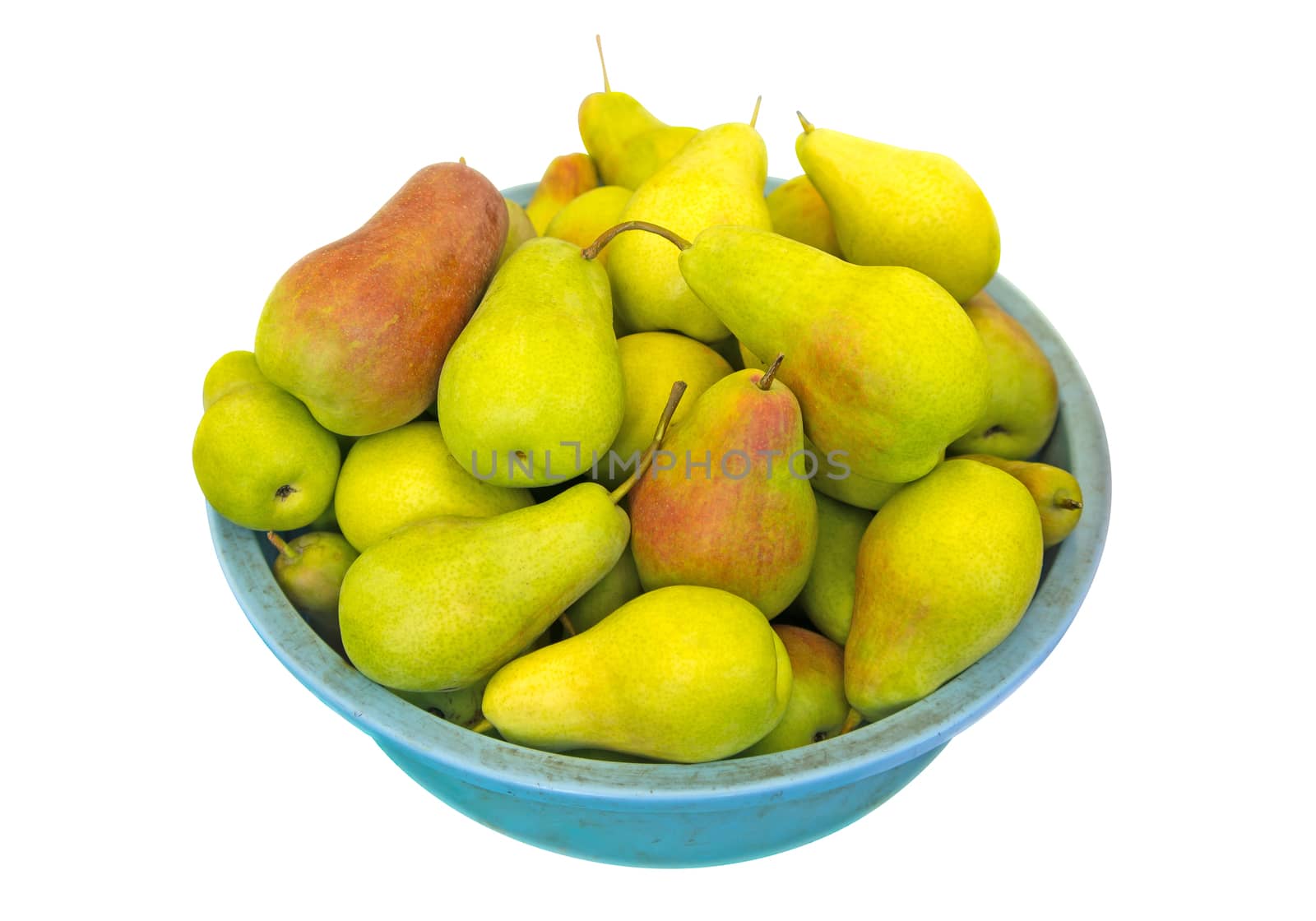 Heap of ripe sweet pears in the basket isolated on white. Clipping path included.