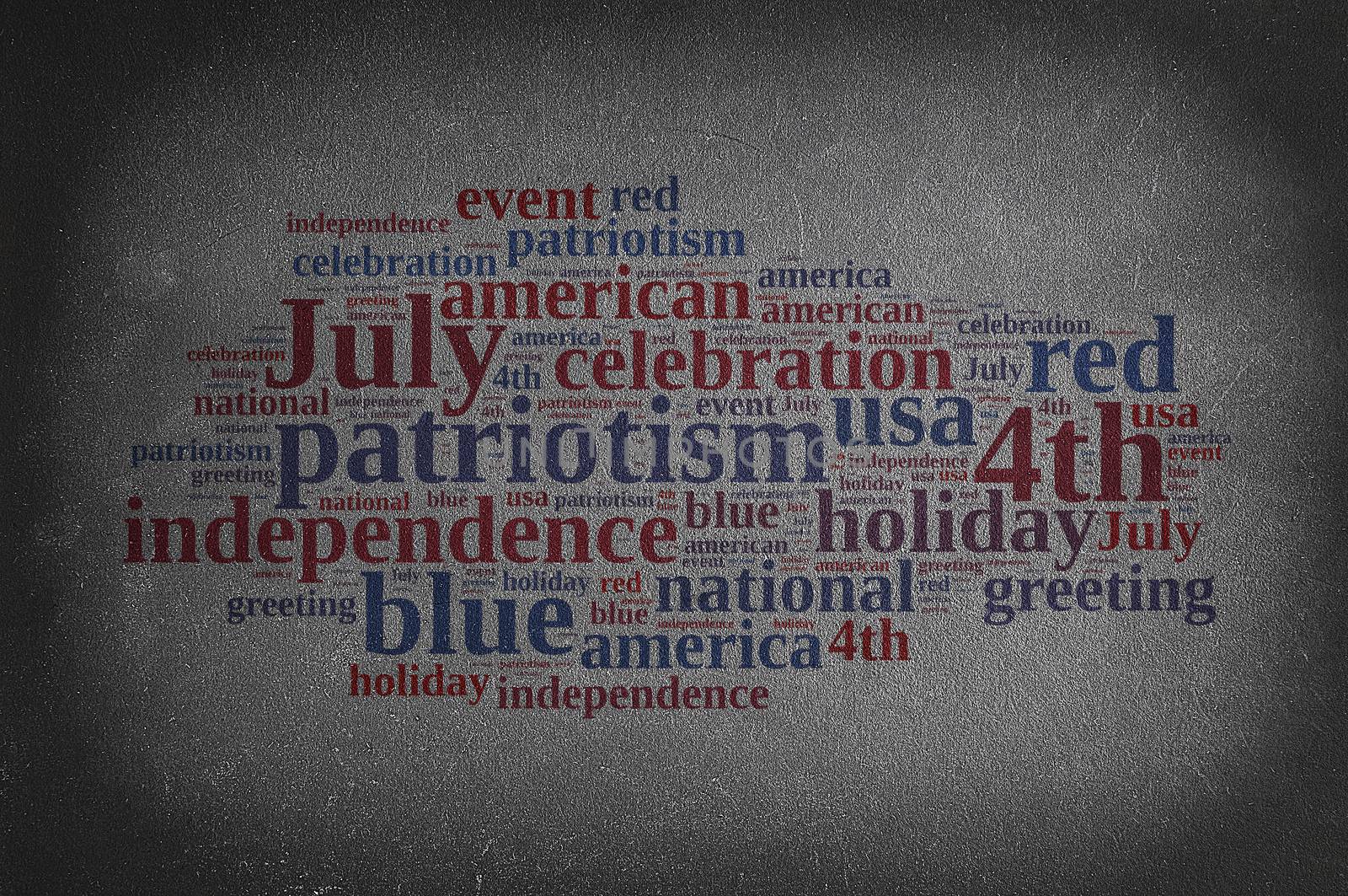 Blackboard with word cloud on July 4th party.3D rendering