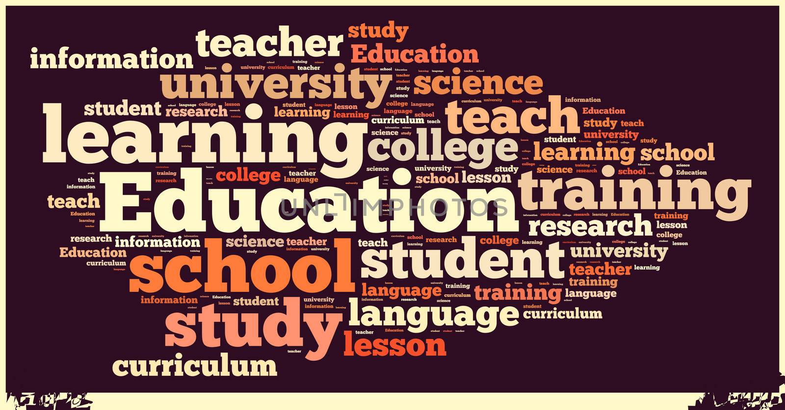 Illustration with word cloud on education at schools.