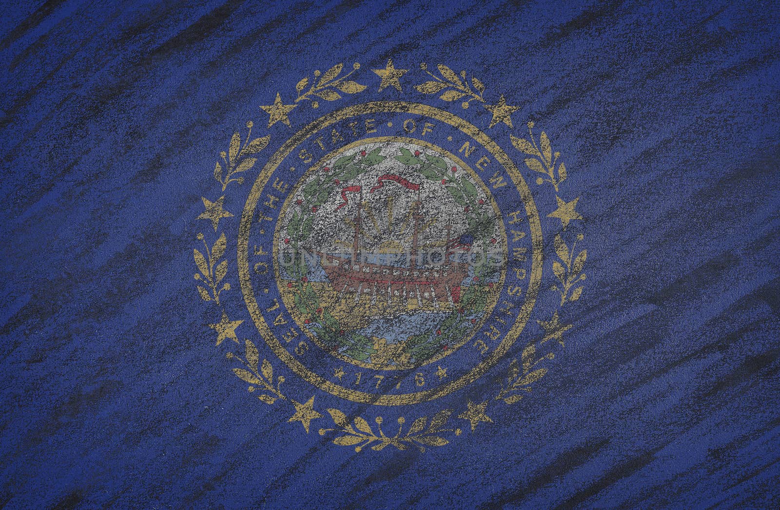 Close-up of national New Hampshire state flag painted with colored chalk on a blackboard. 3D rendering