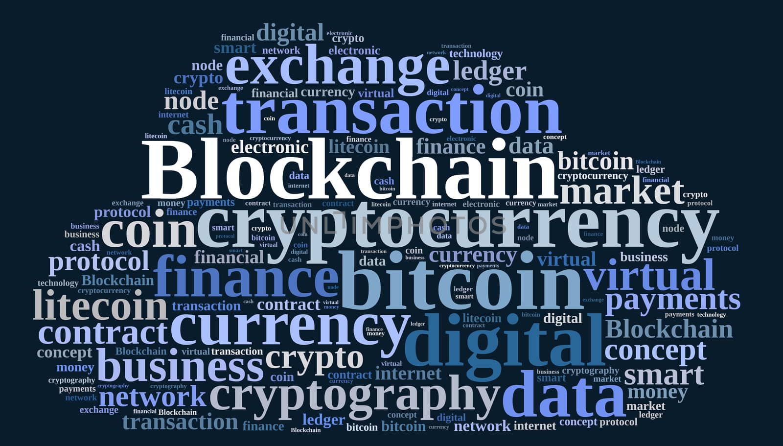 Illustration with word cloud with the word Blockchain.