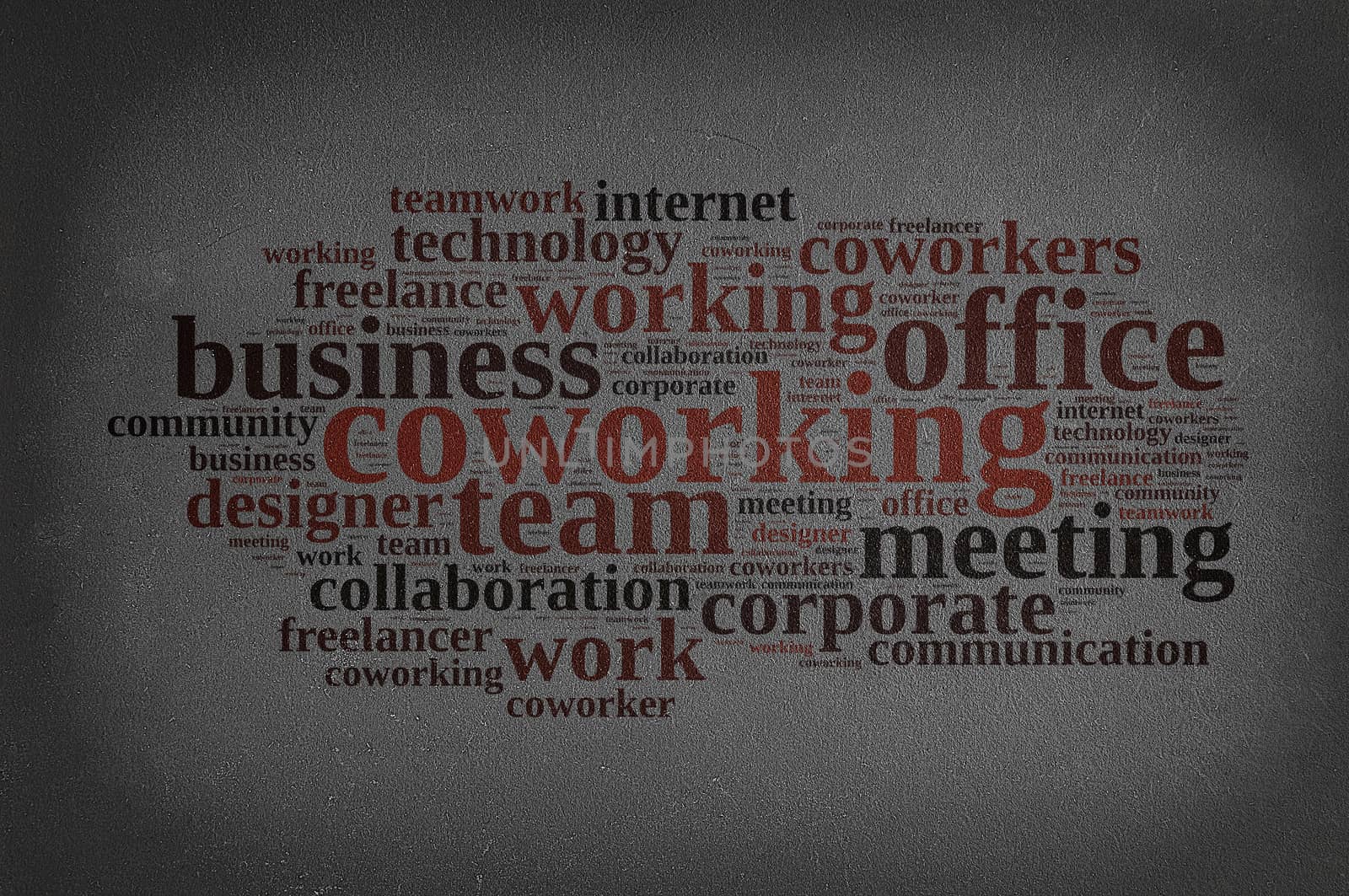 Illustration with word cloud with the word coworking.