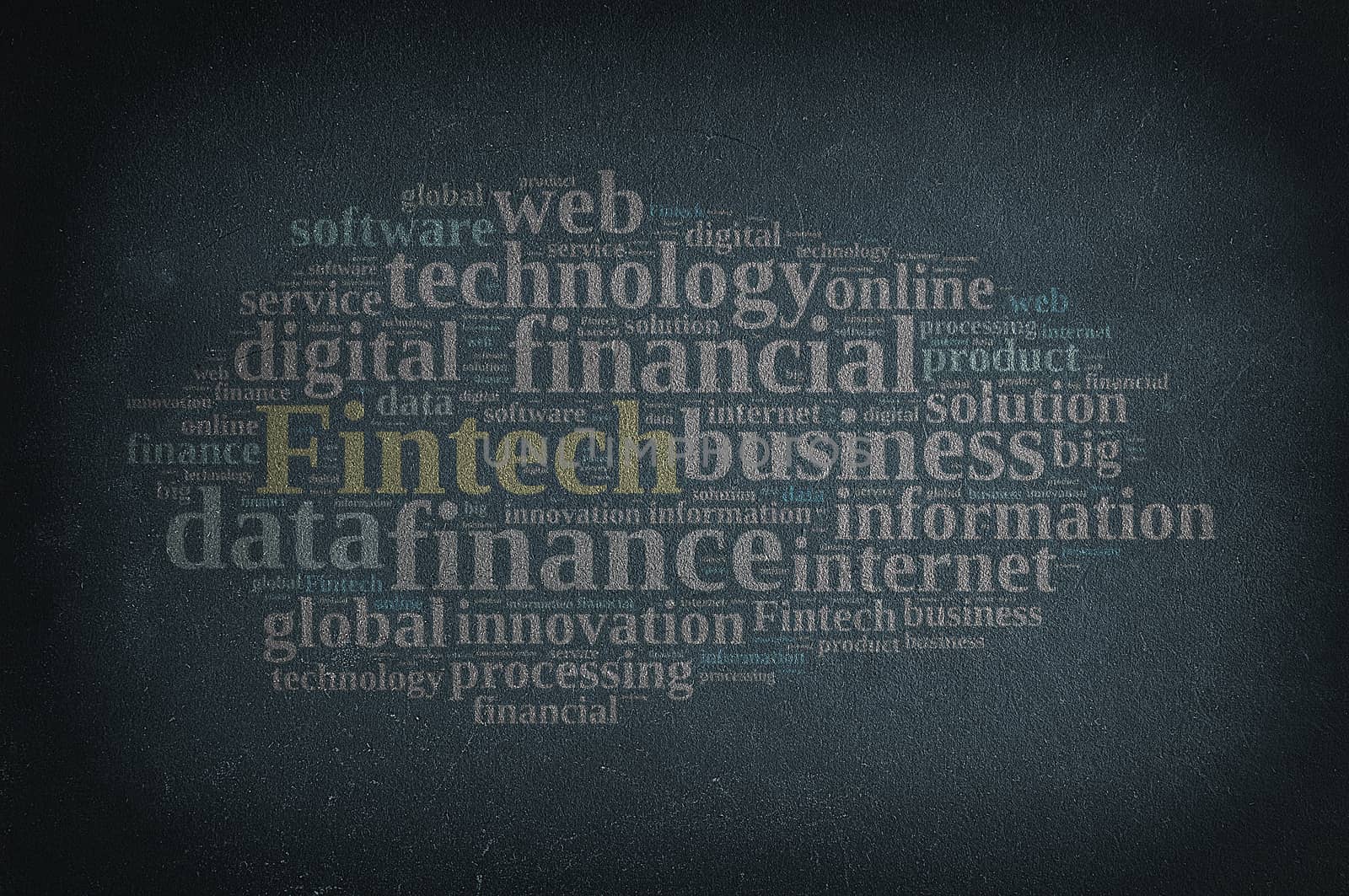 Blackboard with word cloud on Fintech, finance and technology.3D rendering.