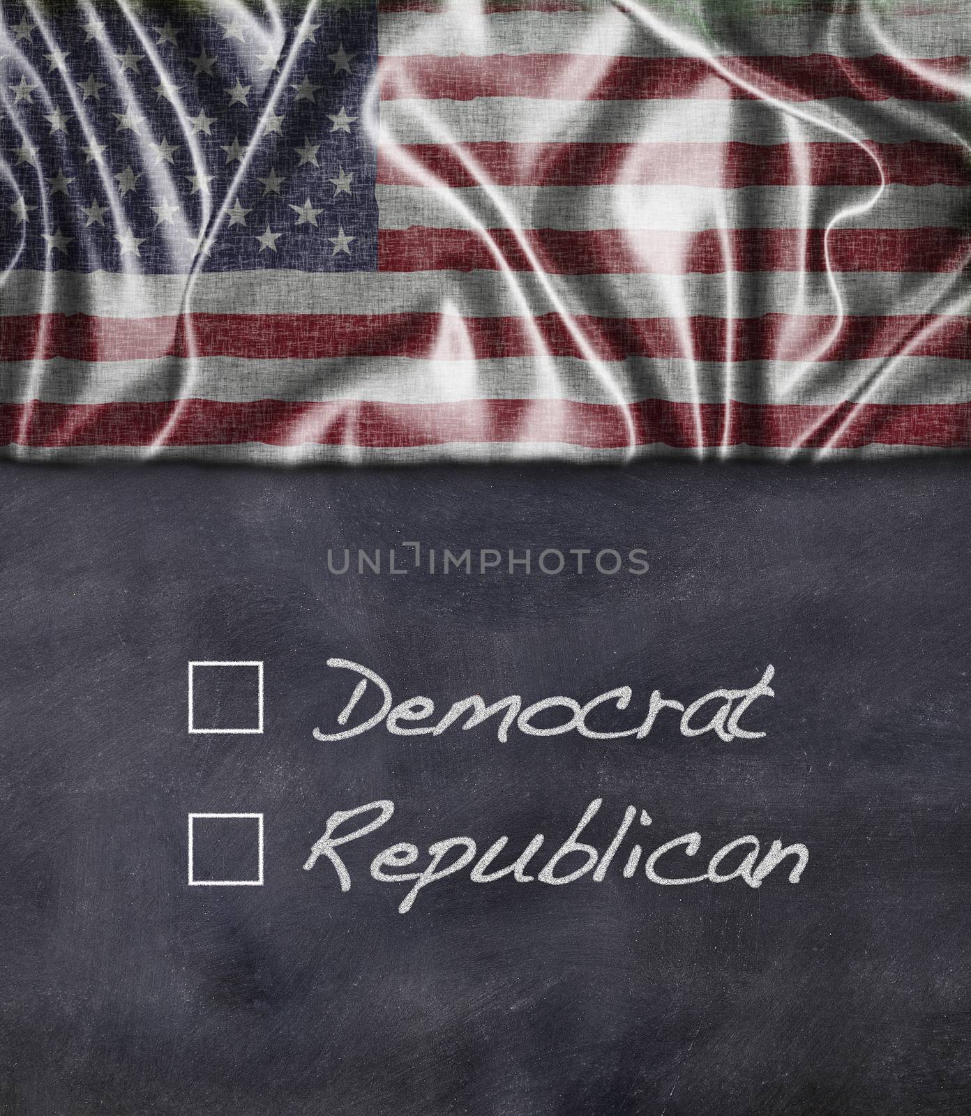 Democrat and Republican sign with vintage American flag