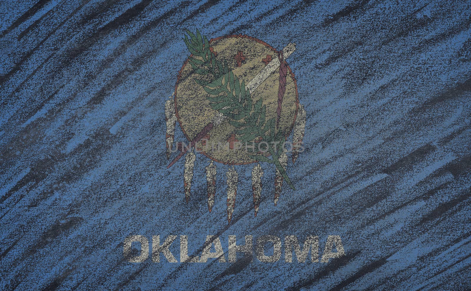 Close-up of national Oklahoma state flag painted with colored chalk on a blackboard. 3D rendering