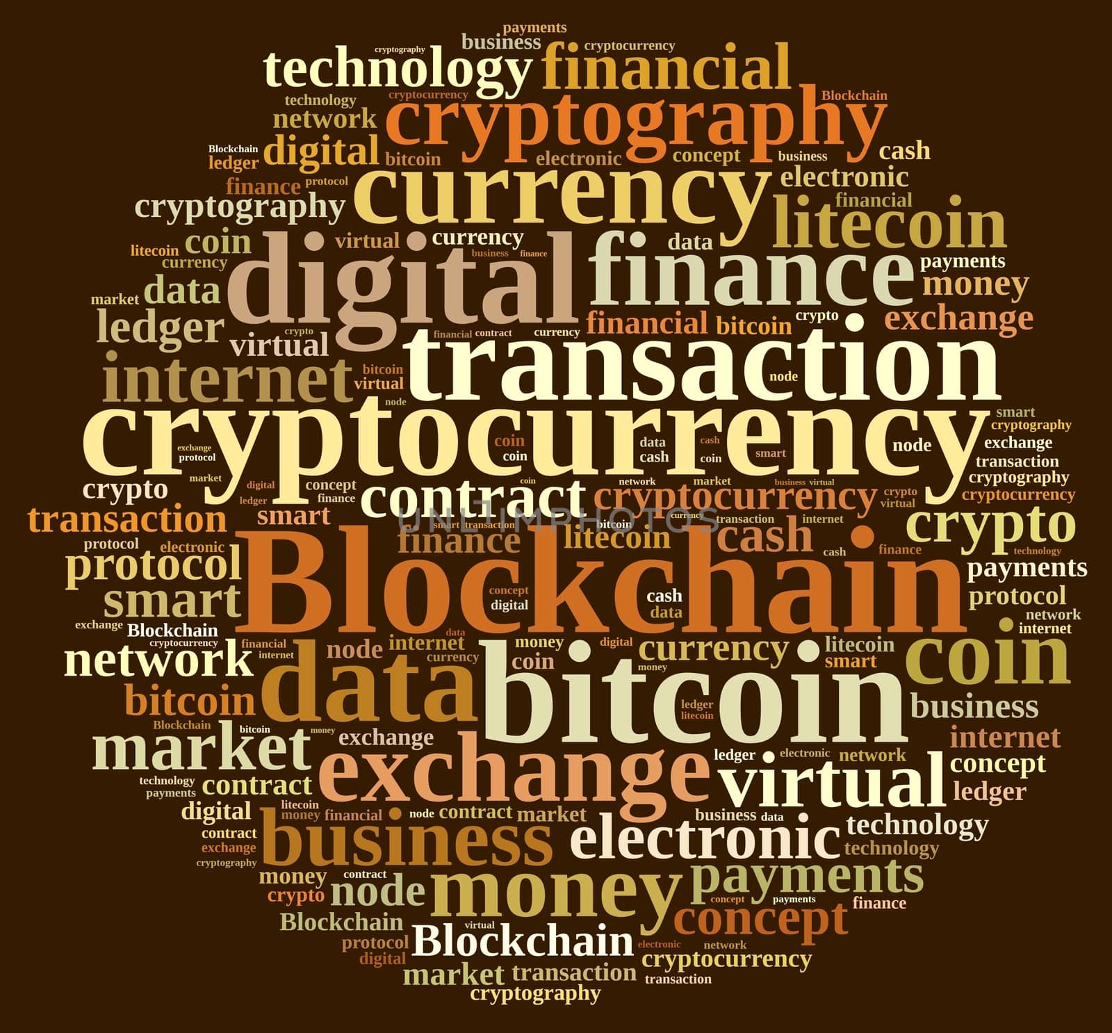 Illustration with word cloud with the word Blockchain.