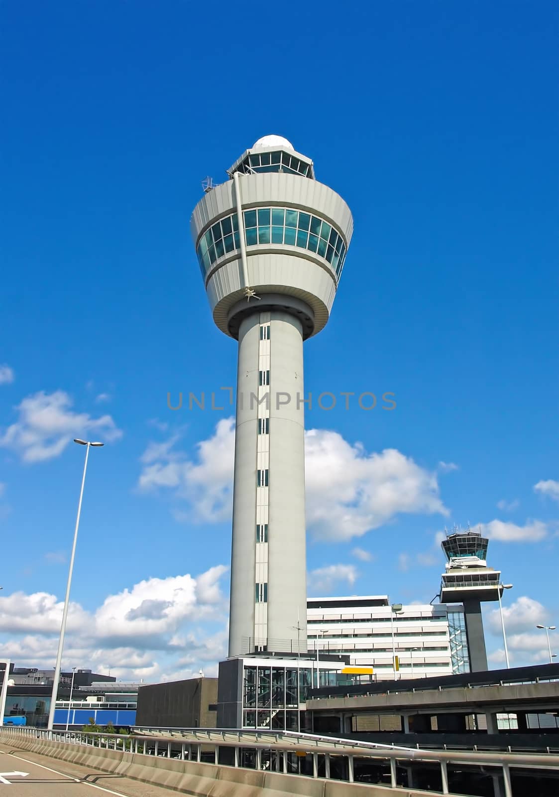 The air traffic control tower at Amsterdam Schiphol international airport.