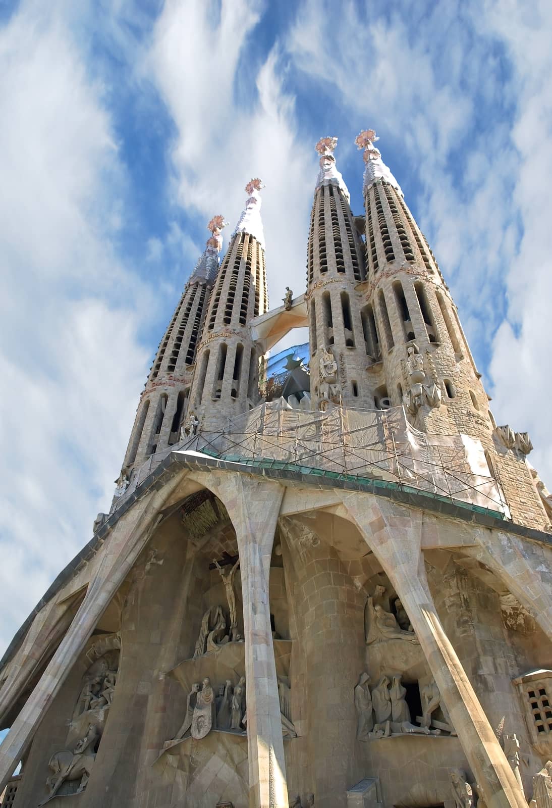 BARCELONA SPAIN - JULY 19: La Sagrada Familia - the impressive cathedral designed by Gaudi, which is being build since 19 March 1882 and is not finished yet July 19, 2009 in Barcelona, Spain.