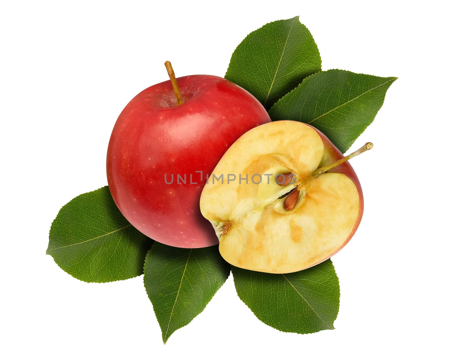 Red apple and half with green leaves isolated over white.