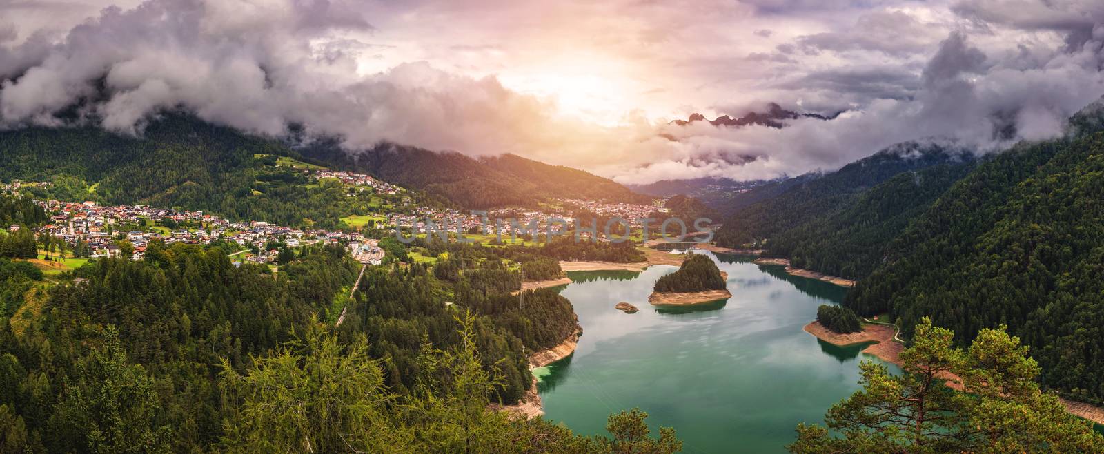 Panoramic view of lake of Centro Cadore in the Alps in Italy, Dolomites, near Belluno.