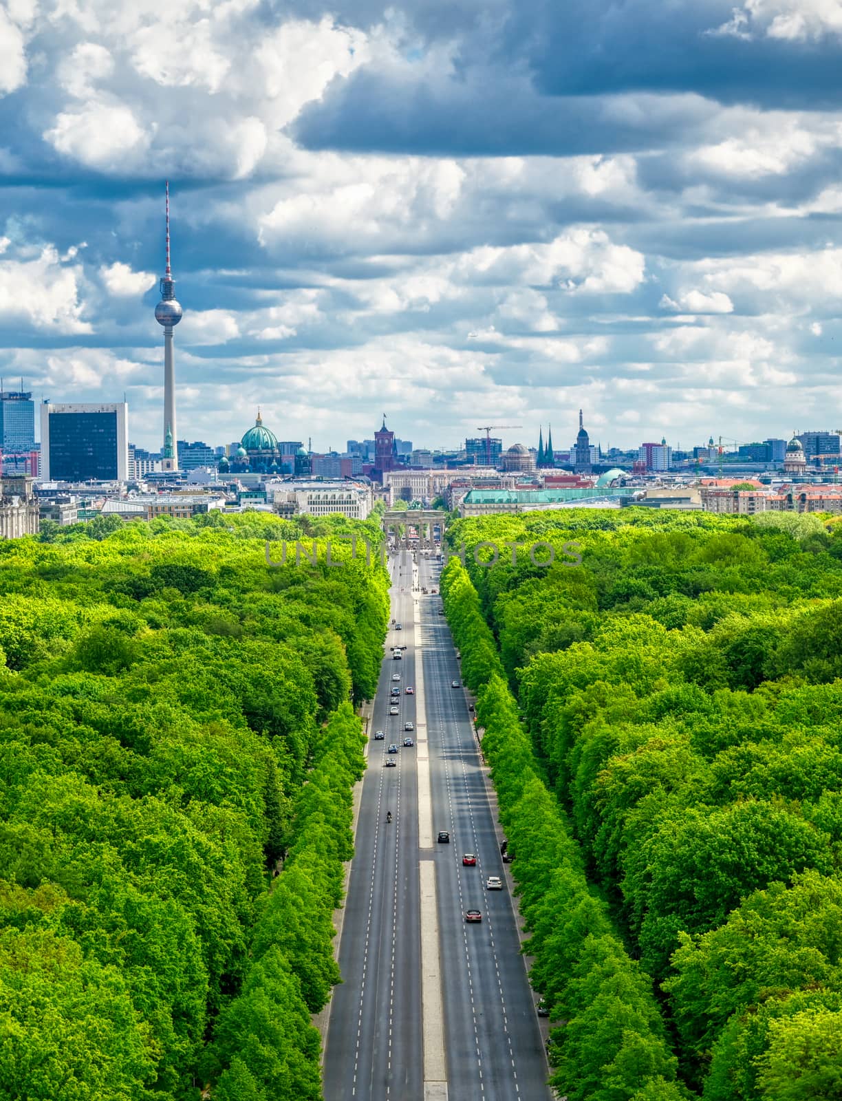 An aerial view of the Tiergarten and Berlin, Germany from the Victory Column on a sunny day.