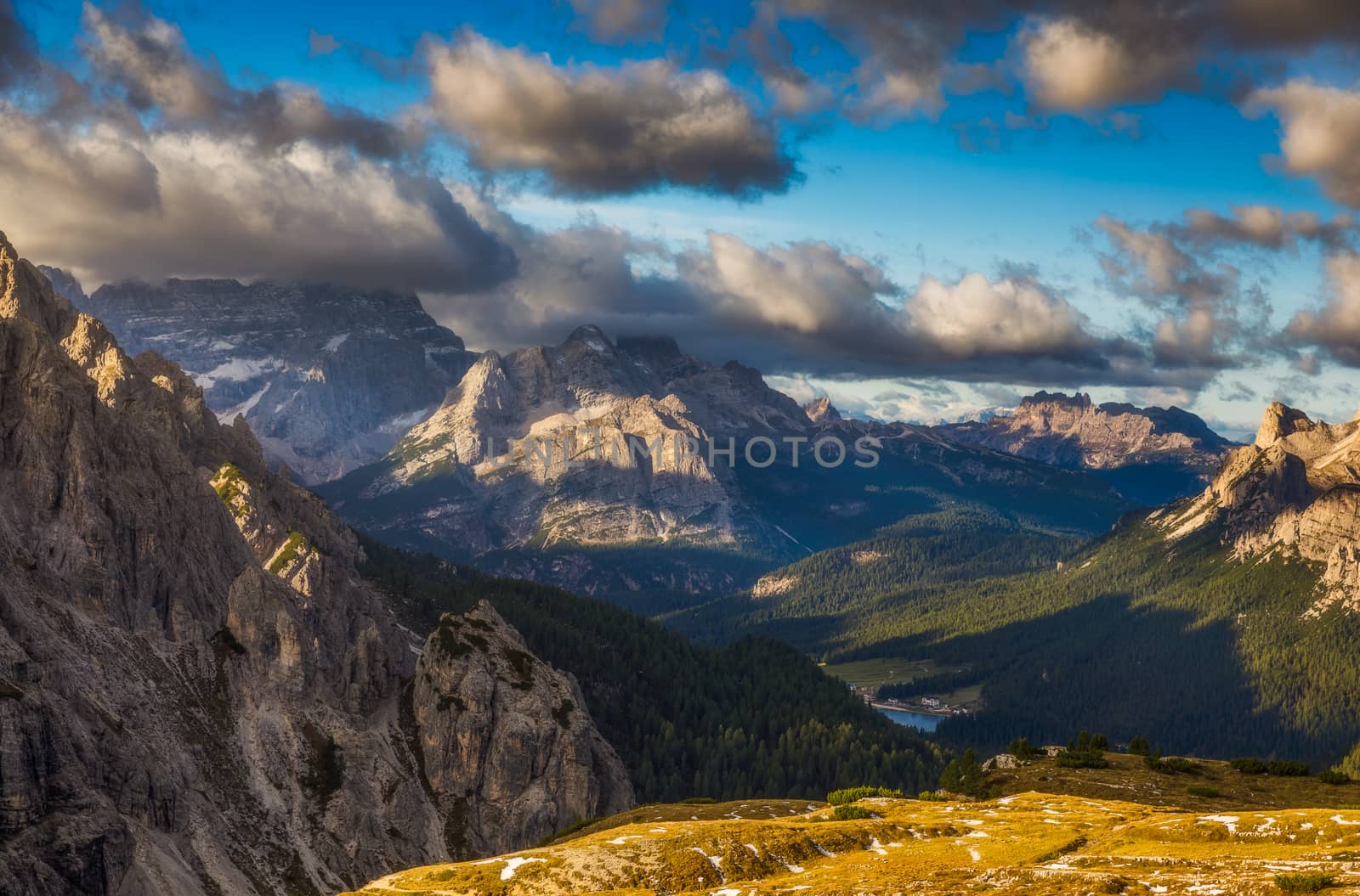 Tre Cime di Laveredo, three spectacular mountain peaks in Tre Cime di Lavaredo National Park, Sesto Dolomites, South Tyrol, Italy