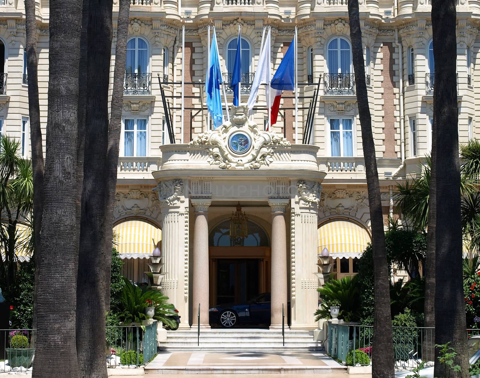 Main Entrance of Hotel on Croisette promenade in Cannes France.