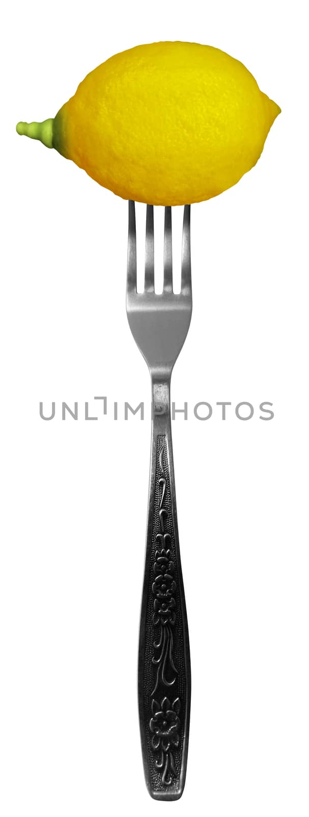 Lemon on fork isolated on a white background.