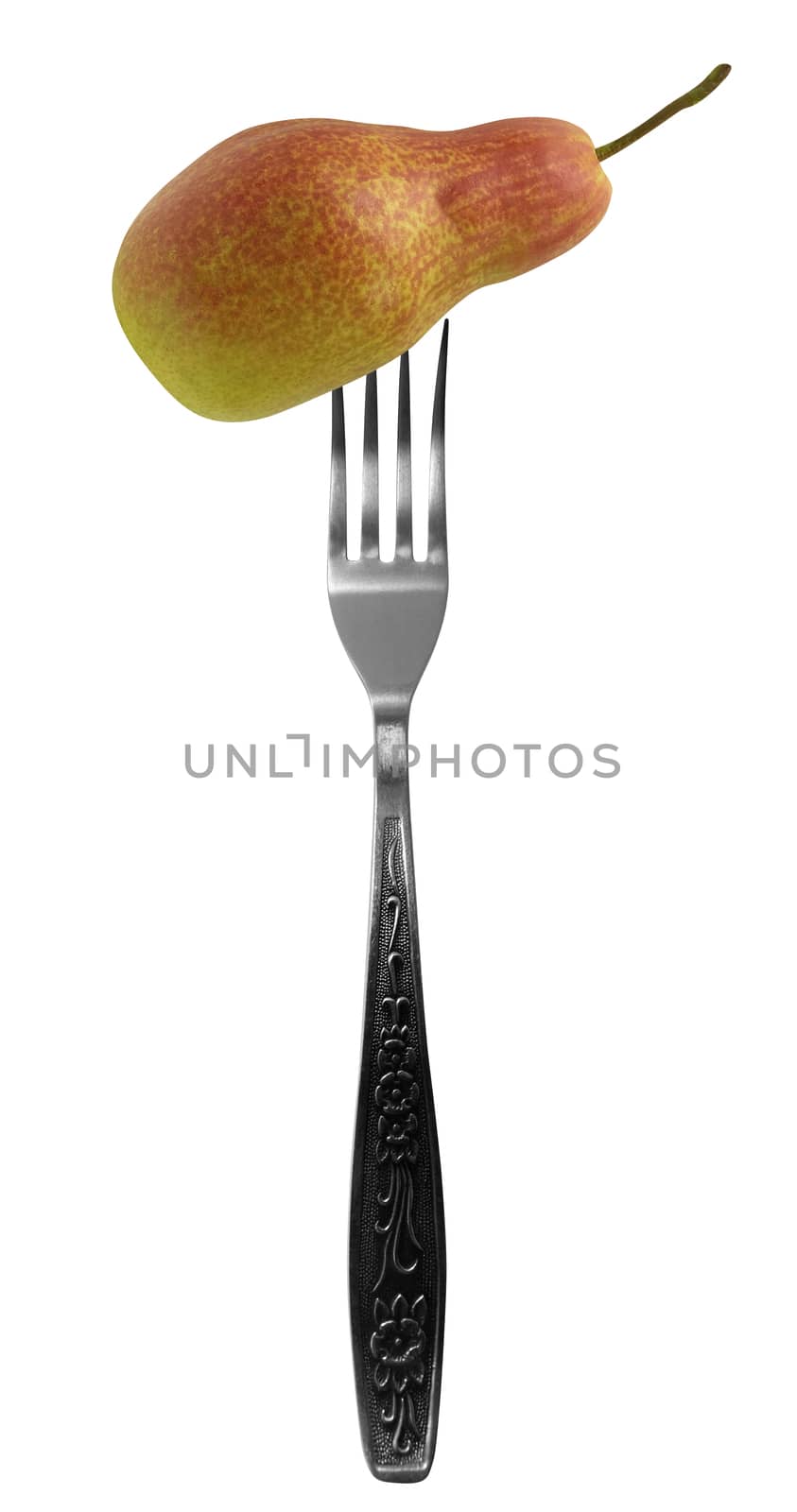 Juicy pear on fork isolated on a white background.