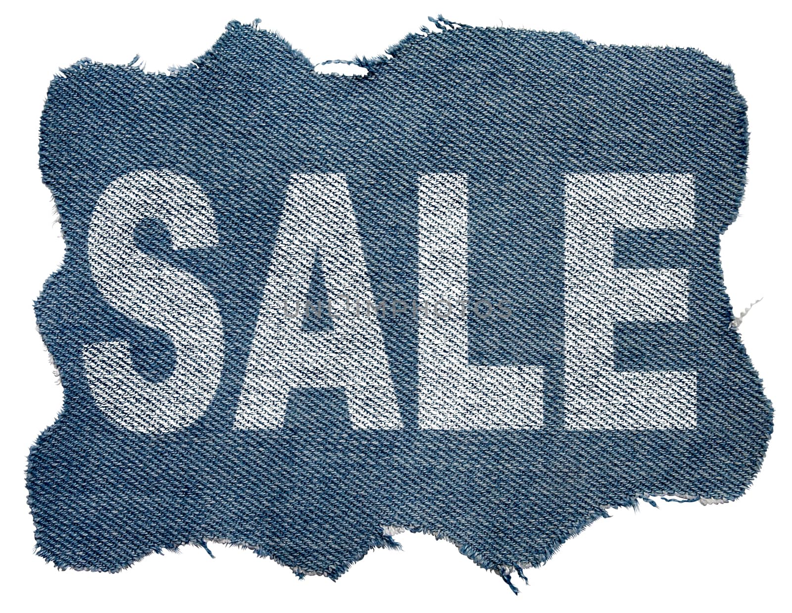 High resolution detail of denim jeans label with text SALE. Clipping path.