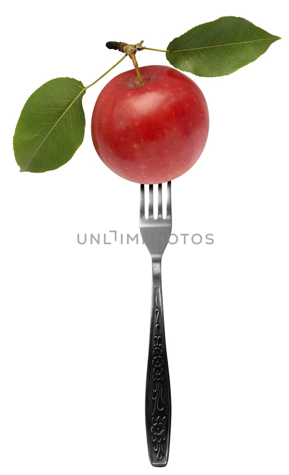 Red apple on fork isolated on a white background.