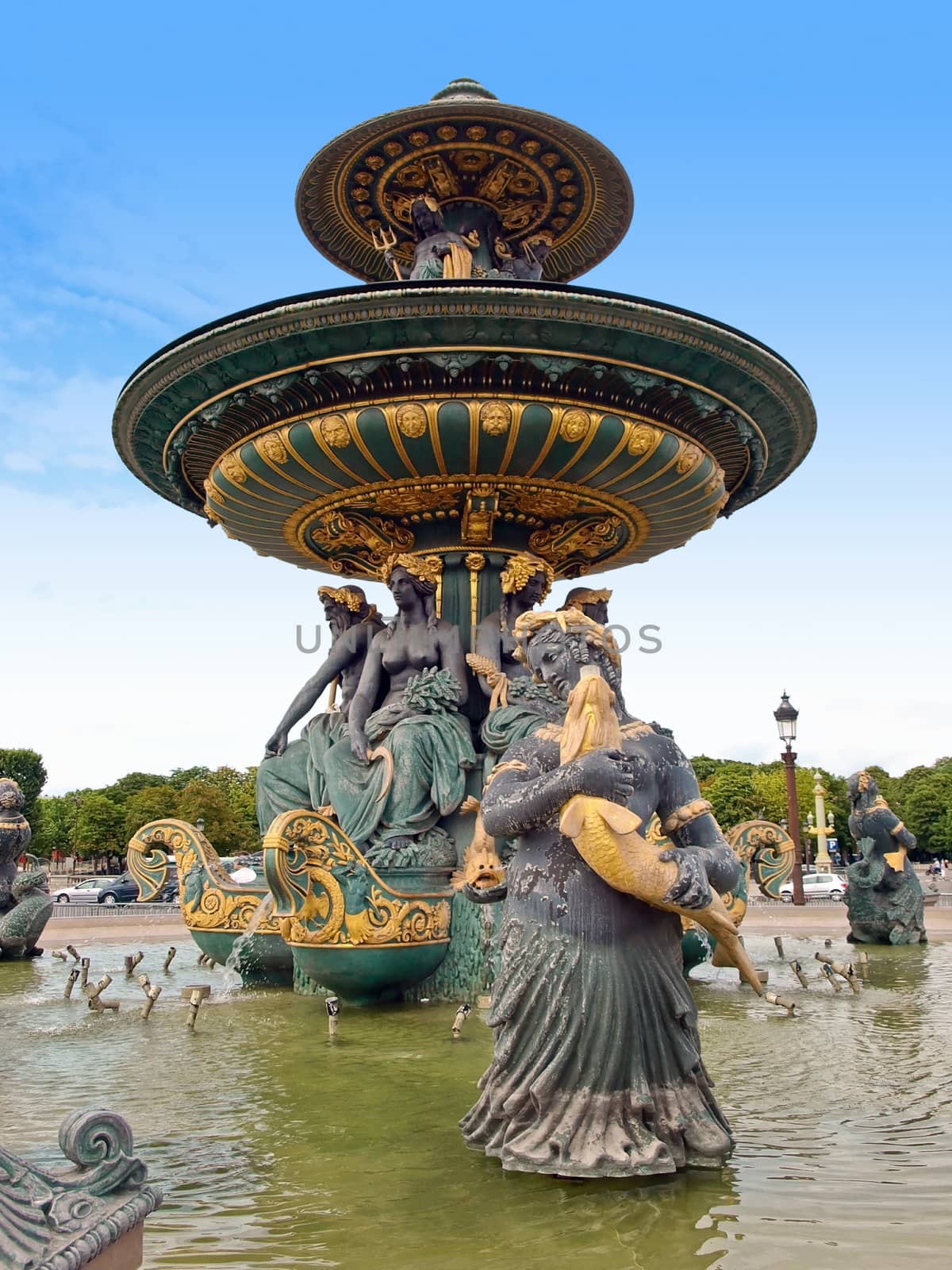 Beautiful La Fontaine des Fleuves (1835) fountain at the popular Place de la Concorde, Paris.