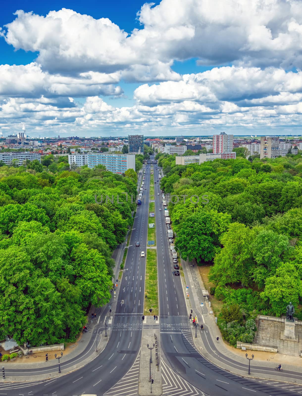 An aerial view of the Tiergarten and Berlin, Germany from the Victory Column on a sunny day.