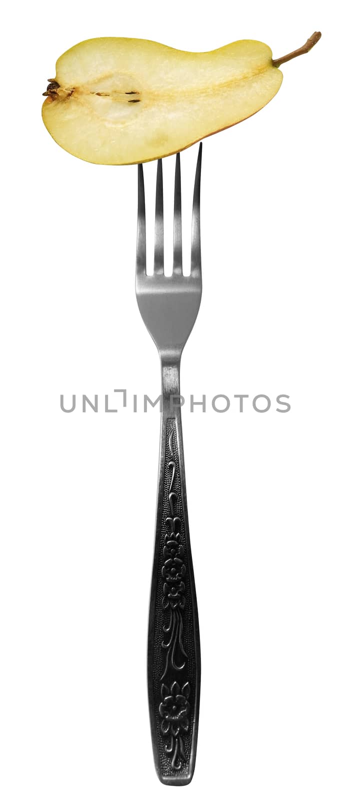 Half of pear on fork isolated on a white background.