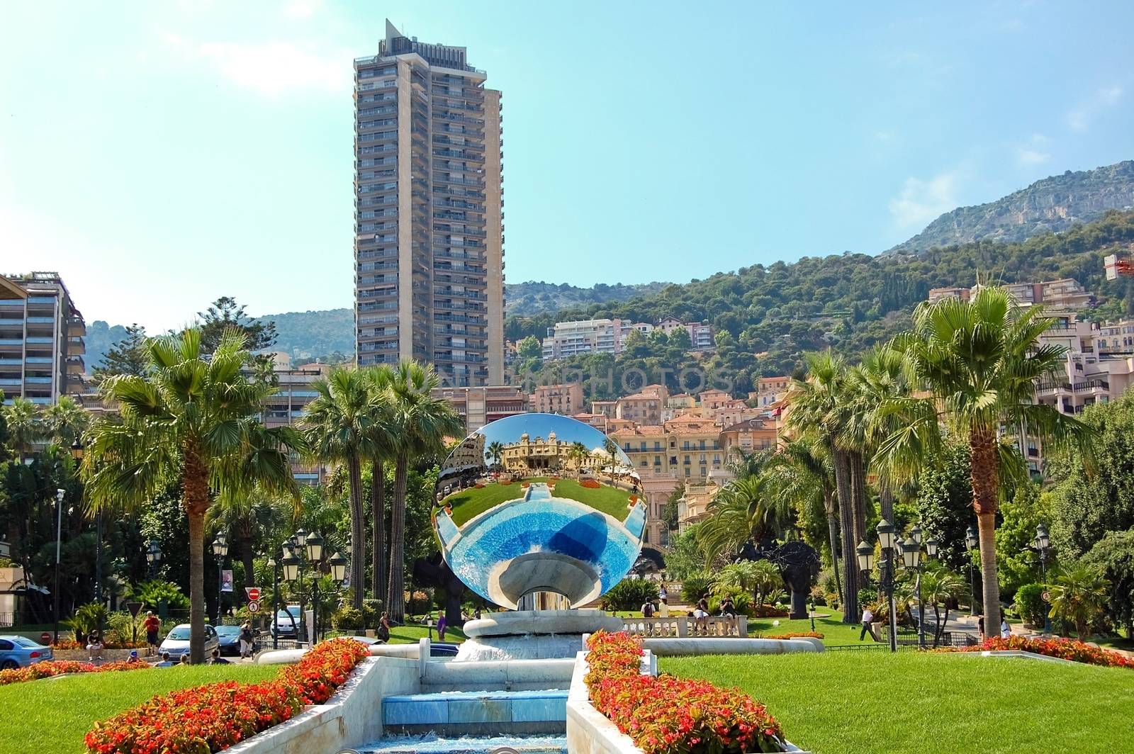 The Grand Casino in Monte Carlo reflected in a mirror located in the fountain outside, Monaco