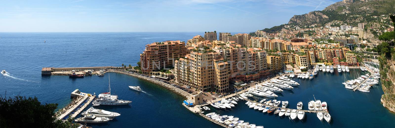 Panorama of Monte Carlo Marina from Above. Fontvieille, new district of Monaco.