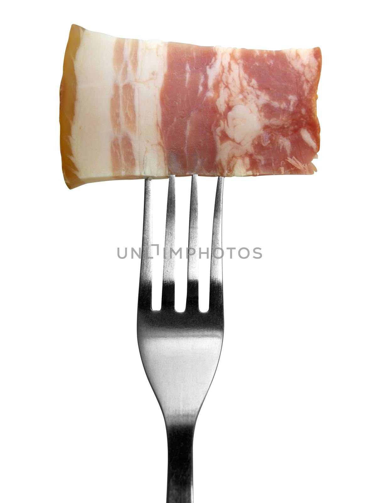 Slice of bacon on fork isolated on a white background. Clipping path.